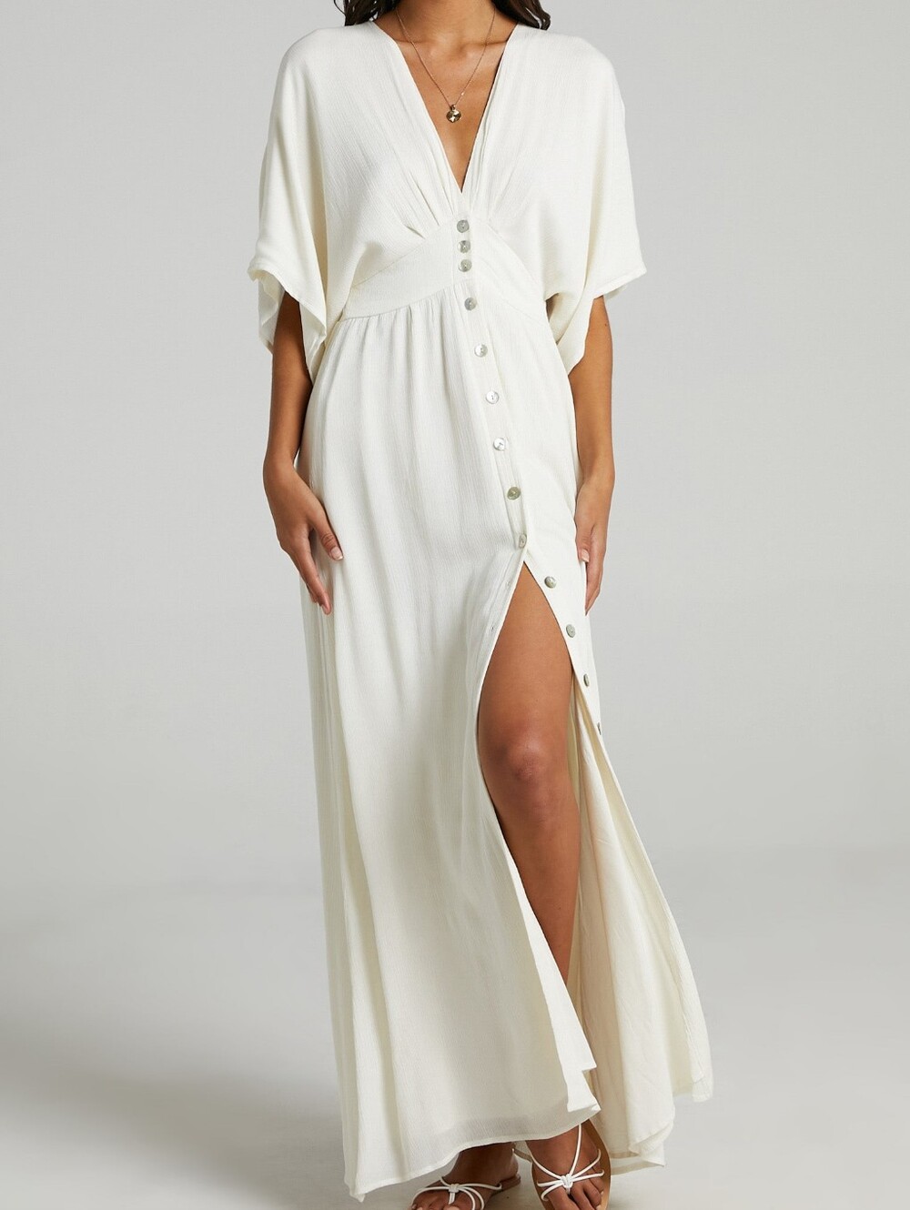 Showpo. Sitting Pretty Maxi Dress Button Front Split Front Wide Sleeve Beige 14